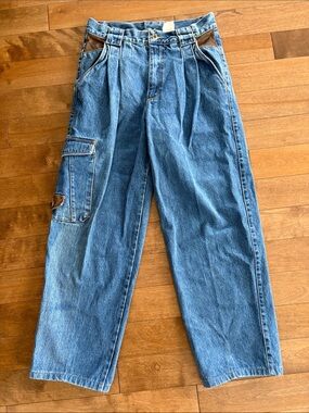 Vintage Essentials Relaxed Denim Carpenter Jeans in Blue with Brown Leather Trim